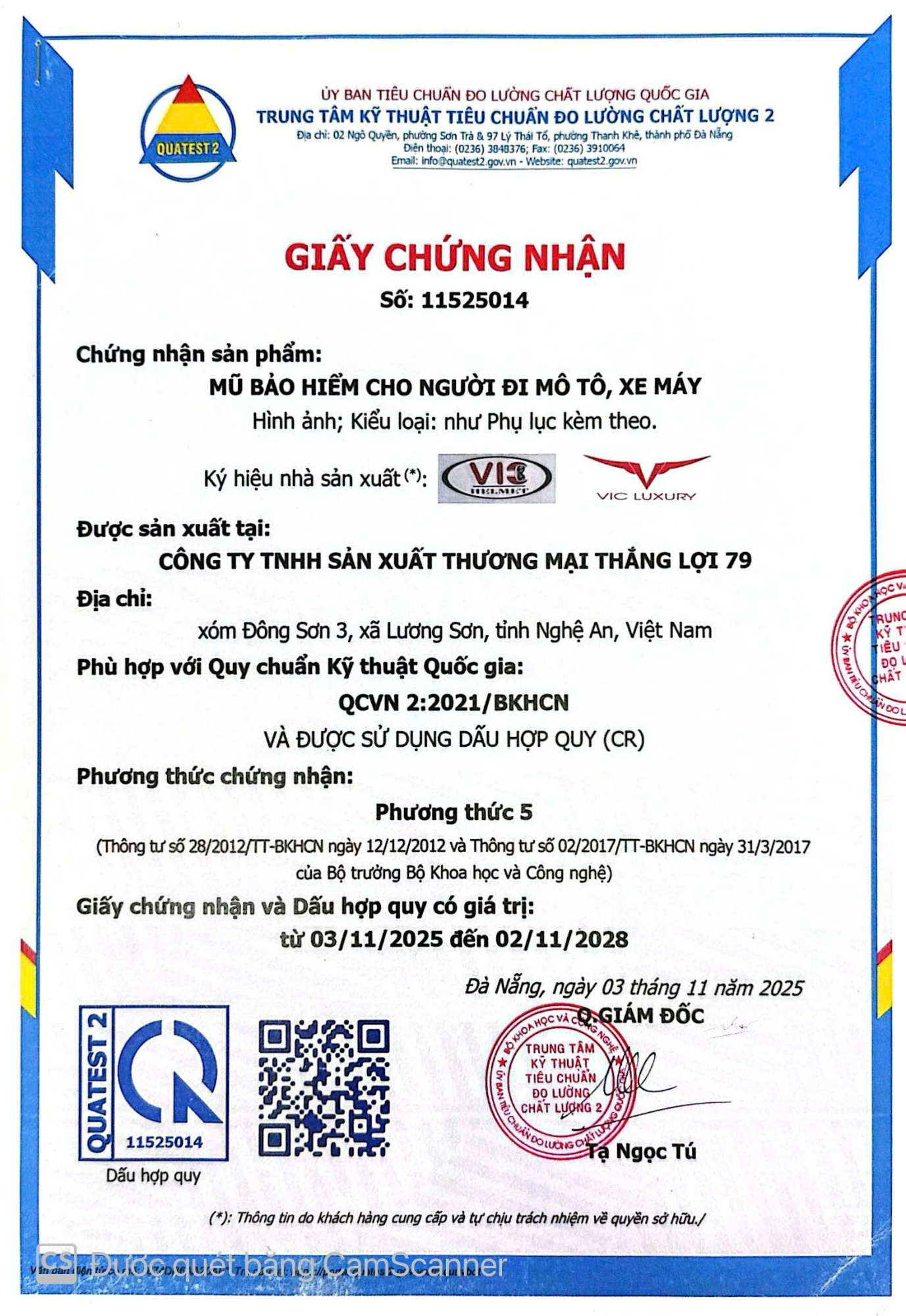 Cách chọn mũ hợp quy: giấy chứng nhận số 11525014