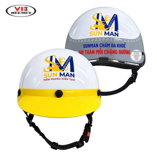 Mua mũ bảo hiểm ở đâu làm quà: mũ trắng vàng in logo